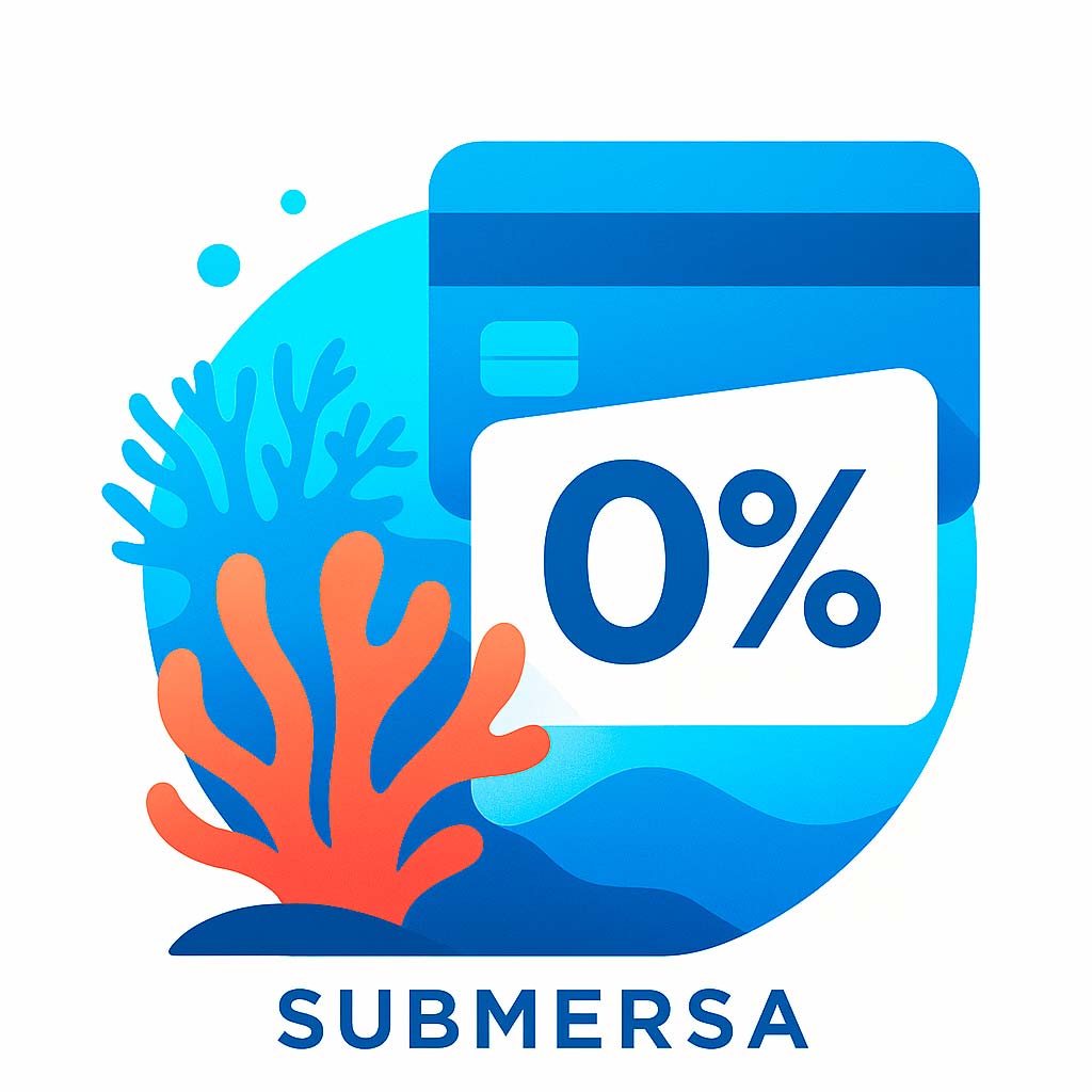 Ilustración Submersa con tarjeta de crédito azul, coral naranja y texto "0 % TAE": financiación sin intereses hasta 6 meses.